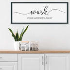 SRSZHIYUE Wash Your Worries Away Bathroom Sign Wall Art 40"x15" Funny Restroom Toilet Large Wood Framed Hanging Decor (Black)