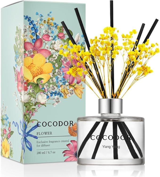 COCODOR Flower Reed Diffuser Set / 6.7oz / Ylang Ylang/Scent Diffuser with Sticks Home Fragrance Reed Diffuser for Bathroom Shelf Decor