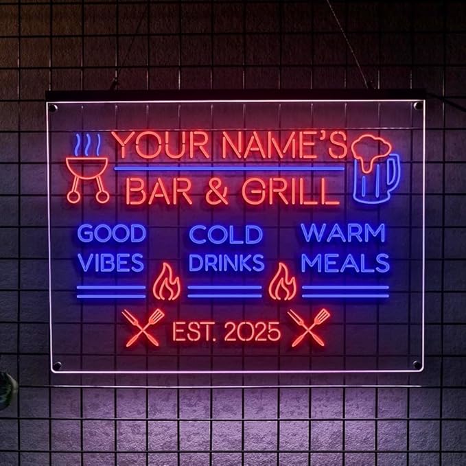 Personalized BBQ Neon Sign Custom Bar and Grill Sign Patio LED Lights Backyard Bar Signs for Men Outdoor Lighted Patio Acrylic Table Grilling Kitchen Home Garden Wall Decor