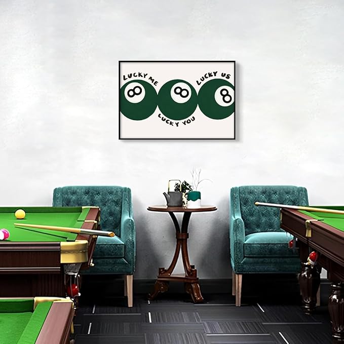 Green 8 Ball Poster, Lucky Me Lucky You Lucky Us Quote Canvas Wall Art, Playful Billiards Balls Picture Print, Retro 8ball Pool Painting for Bar Cart Game Room Man Caves Wall 24x36in Unframed