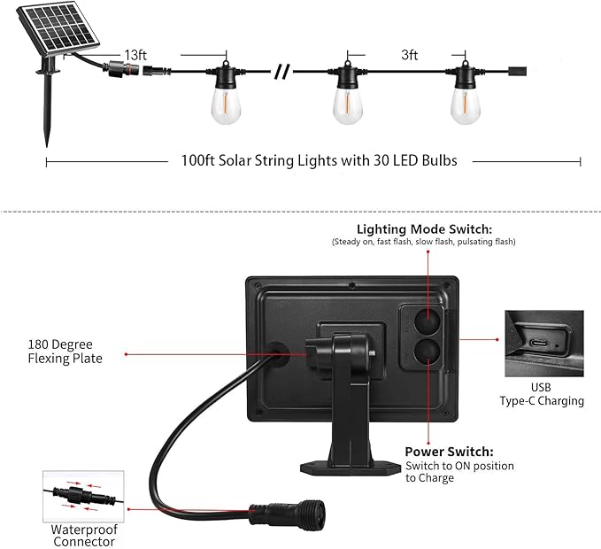 SUNTHIN 100ft Solar String Light Outdoor, USB Rechargeable Patio Solar Outdoor Lights with Waterproof & Shatterproof 30 LED Bulbs for Backyard, Porch, Garden, Pool, Party, Camping