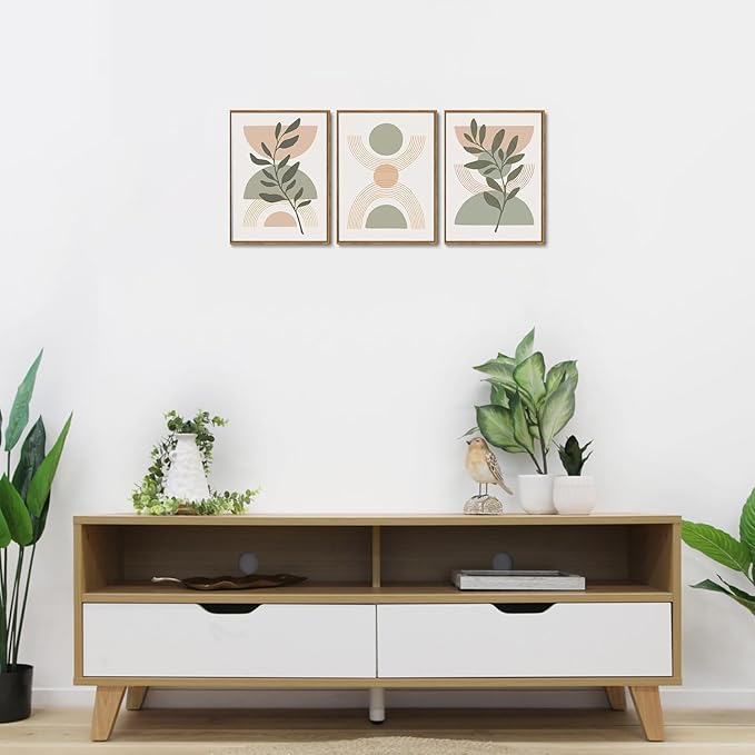 Bwodke Boho Wall Art, Framed Abstract Wall Art, Green Botanical Neutral Canvas Wall Decor, Large Mid Century Plant Pictures Set of 3, Modern Minimalist Paintings, for Bedroom Living Room Bathroom