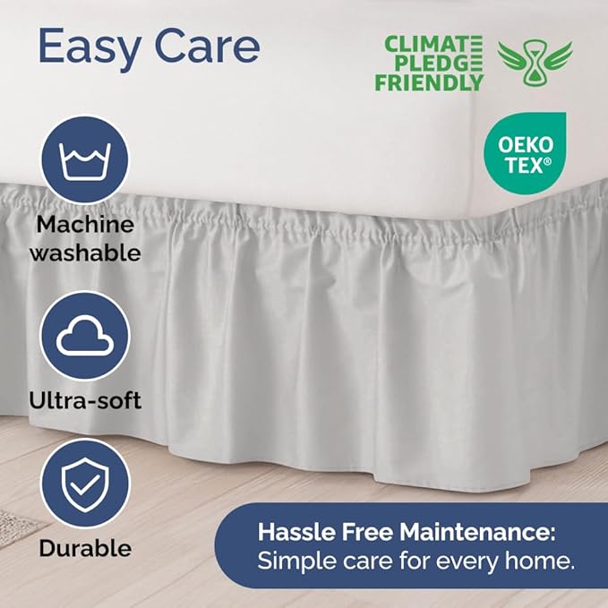 Wrap Around Dust Ruffle Bed Skirt - French Grey - for Queen Size Beds w/ 12 Inch Drop - Easy Fit Elastic Strap - Adjustable Pleated Bedskirt w/Brushed Fabric - Wrinkle Free, Women, Men, Kids & Teens