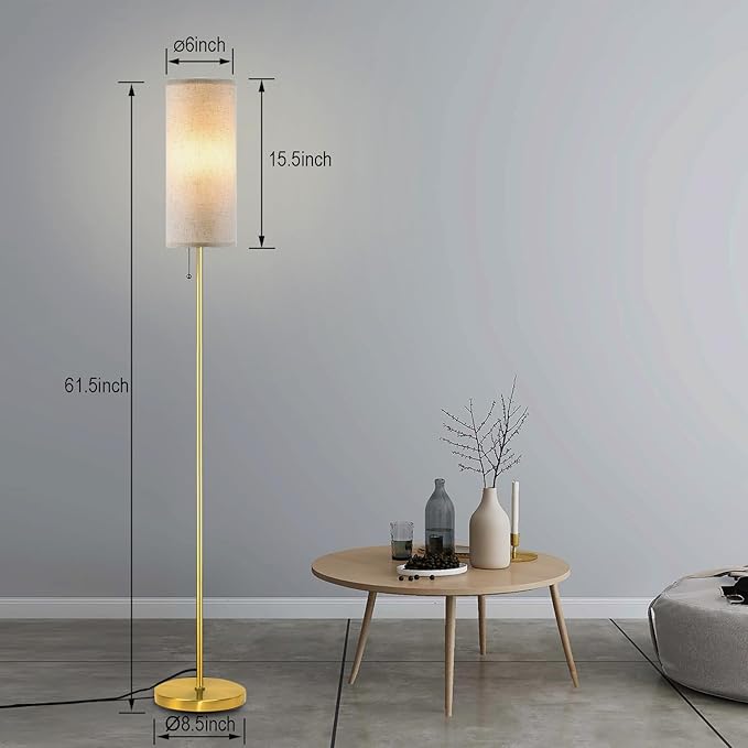 Modern Floor Lamp for Living Room, Gold Standing Lamps with 3 Color Temperatures Bulb, Minimalist Tall Lamp with Chain Switch for Bedroom, LED Bulb Included(Beige Shade+Gold)