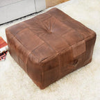 Square Shaped Buffalo Leather Handmade Eco-Friendly Brown Pouf - Square Pouf, 21"x21"x12", Plain Solid Pouf, Buffalo Leather Pouf, Recycled foam with fibre Filled Stuffed Pouf, Seating Pouf PF25
