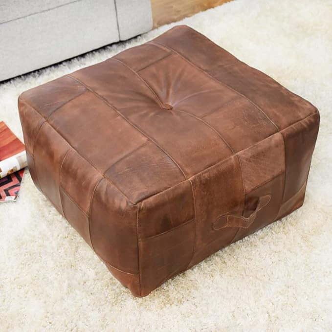 Square Shaped Buffalo Leather Handmade Eco-Friendly Brown Pouf - Square Pouf, 21"x21"x12", Plain Solid Pouf, Buffalo Leather Pouf, Recycled foam with fibre Filled Stuffed Pouf, Seating Pouf PF25