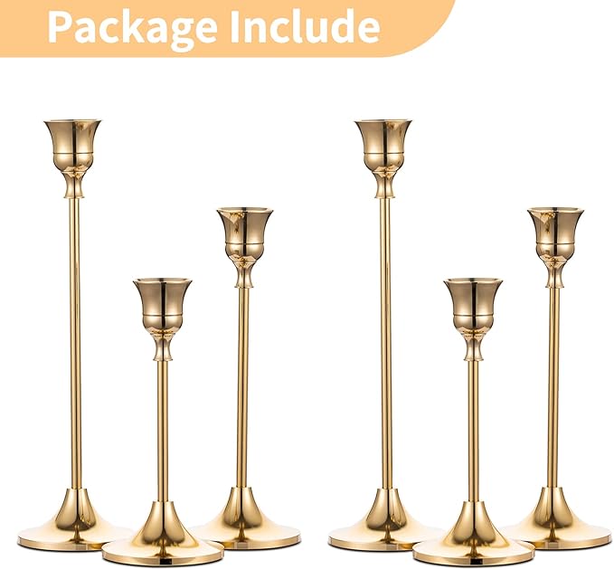 2 Sets(6 Pcs) Brass Gold Metal Taper Candle Holders Candlestick Holders, Vintage Modern Decorative Centerpiece Candlestick Holders for Table Mantel Wedding Housewarming Gift