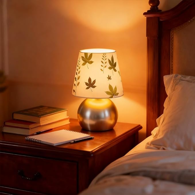 Set of 2 Small Silver Bedside Table Lamp with Maple Leaf Pattern Shade (Bulb Included)