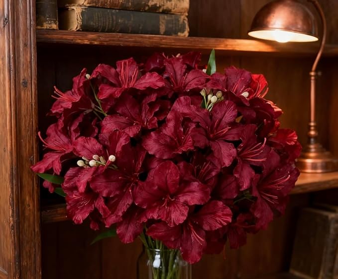 10-Bud Artificial Lily Flowers, 4 Pcs Fake Outdoor Flowers, UV Resistant Faux Flowers for Outdoor Planters, Silk Flowers for Wedding Decoration (Red)