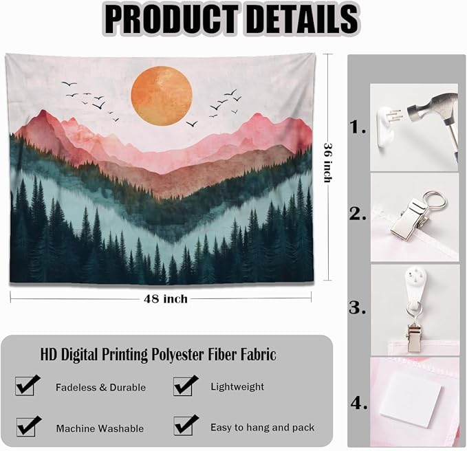 keowhsf Sunset Mountain Forest Tapestry - Large Nature Landscape Wall Hanging, Aesthetic Pine Tree Scenery Wall Art for Bedroom & Living Room Decor