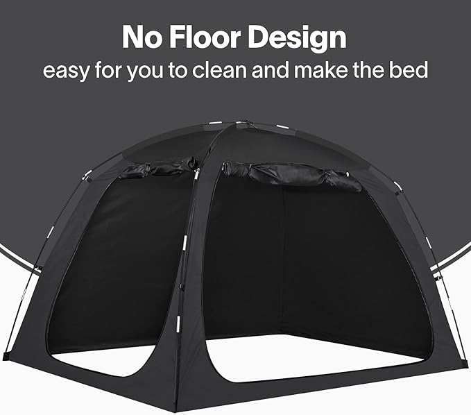 EighteenTek Bed Canopy with Lights, Sleeping Dream Twin Bed Tent, Portable Cottage Drafty Room Blackout Breathable Privacy Big Indoor Tents for Girls & Boys Bedroom Decor, Black