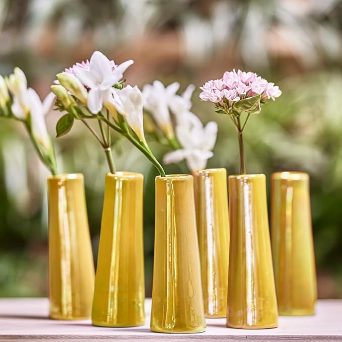 Chive - Set of 6 Galaxy, Small Cylinder Ceramic Bud Flower Vase, Unique Single Flower Decorative Floral Vase for Home Decor, Bulk (Yellow)
