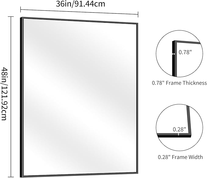 YIROMAN Bathroom Mirror for Wall 48"x36", Large Matte Black Bathroom Mirror with Metal Frame, Rectangular Vanity Mirror with Right Angles, Wall Mirror Hangs Horizontal or Vertical, Shatterproof
