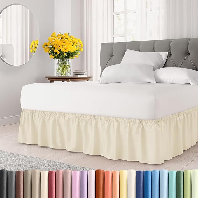 Wrap Around Dust Ruffle Bed Skirt - Off White - for King Size Beds w/ 15 Inch Drop - Easy Fit Elastic Strap - Adjustable Pleated Bedskirt w/Brushed Fabric - Wrinkle Free - Women, Men, Kids & Teens