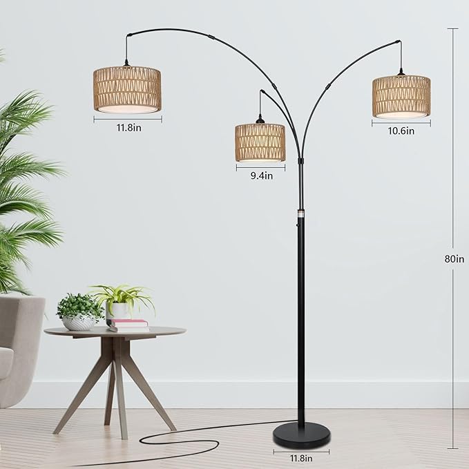 Airposta Black Arc Floor Lamps for Living Room, Farmhouse Boho Floor Lamp for Bedroom, Industrial Standing Lamp for Office, Dimmable Tall Lamp with Rattan Lampshades, Reading Arched Light