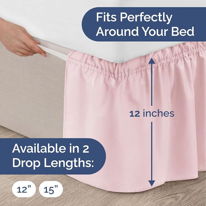 Wrap Around Dust Ruffle Bed Skirt - Lavender Pink - for King Size Beds w/ 12 Inch Drop - Easy Fit Elastic Strap - Adjustable Pleated Bedskirt w/Brushed Fabric - Wrinkle Free, Women, Men, Kids & Teens