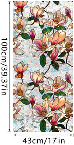 Window Film, Decorative Magnolia Flowers Stained Static Glass Window Clings Stickers for Home Office Living Room Bedroom Glass Windows Door Decor 16.93 x 39.37 Inches