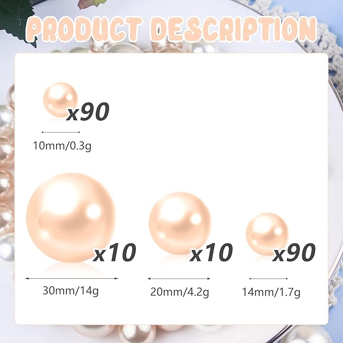 200PCS Light Champagne Floating Beads, Champagne Marbles for Vases, Floating Beads for Centerpiece Vases, Vase Filler Faux Pearls, No Holes Filler Beads for Party Wedding Decor, 10/14/20/30mm