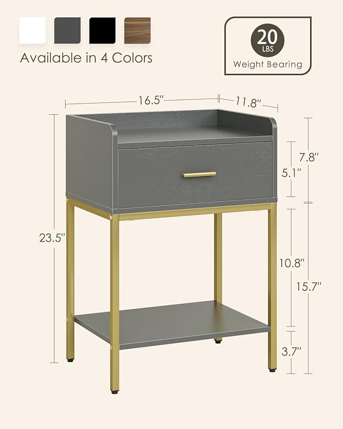 Masupu Grey Nightstand,3-Tier Modern Bedside Table Night Stand with Storage Drawer and Shelf,Small End Side Table for Bedroom,Living Room,(Without Outlet,)