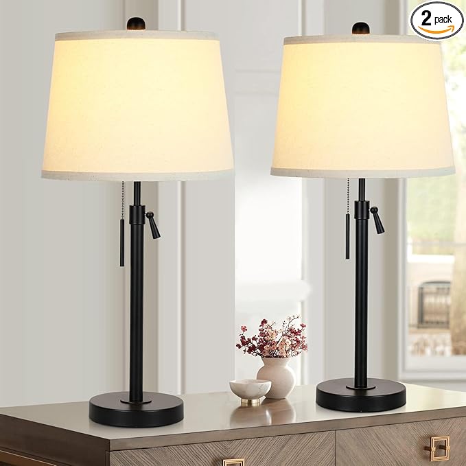 Bedside Table Lamps Set of 2: Tall Black Table Lamps for Living Room End Table | Height Adjustable 3-Way Dimmable Nightstand Lamp with Pull Chain Switch Modern Lamps for Bedroom Office(Bulbs Included)