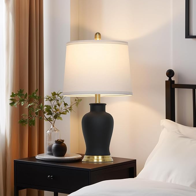 23" Modern Black Ceramic Table Lamps Set of 2, Farmhouse Table Lamps for Living Room, Classic Bedside Lamp with Ginger Jar Design, Elegant Bedroom Lamp for Night stand Desk Side End Table Home Decor