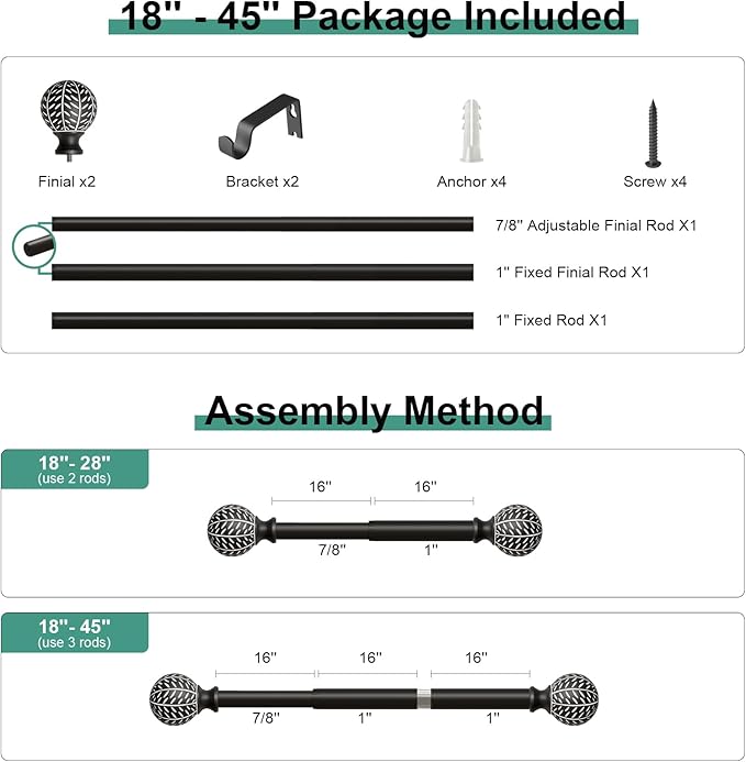 Black Curtain Rods for Windows 28 to 48 Inch,1'' Diameter Drapery Rods with Leaf Pattern Finials,Decorative Adjustable Heavy Duty Curtain Rods Set,18-45''