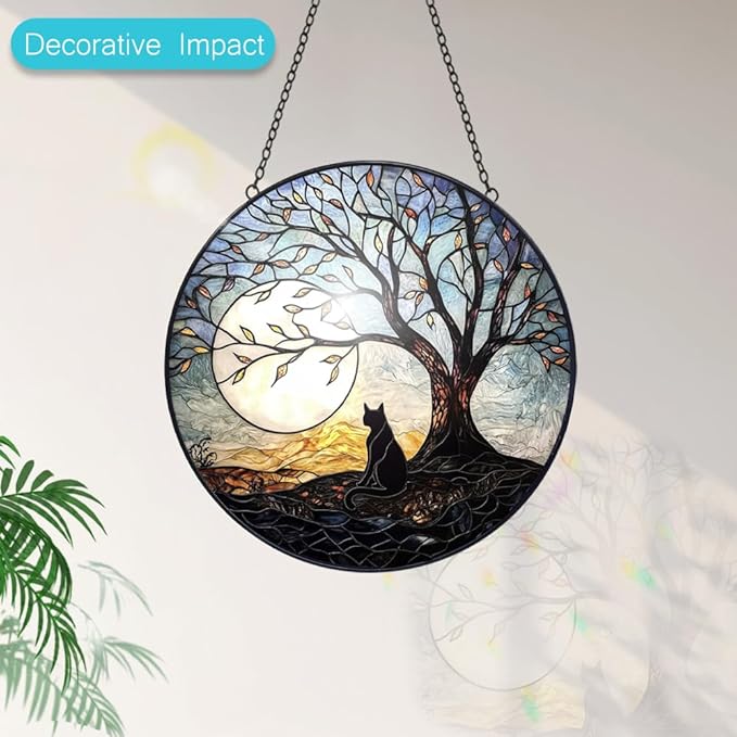 Cat with Tree of Life Suncatcher Stained Glass Window Hanging - 8” Stained Glass Suncatchers for Windows - Sun Catchers Indoor Window Catcher with Hooks and Chain - Birthday Gifts for Mom Grandma