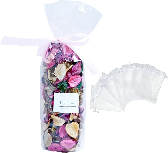 DIY Pink Rose Petal Fragrant Bag Set:1 Pack of Dried Flowers + 5 mesh Bags,Scented Potpourri Bags|Dried Petals for Bowls & Vases| Long-Lasting Aroma for Home Décor, Office, Bathroom, Gift Use.