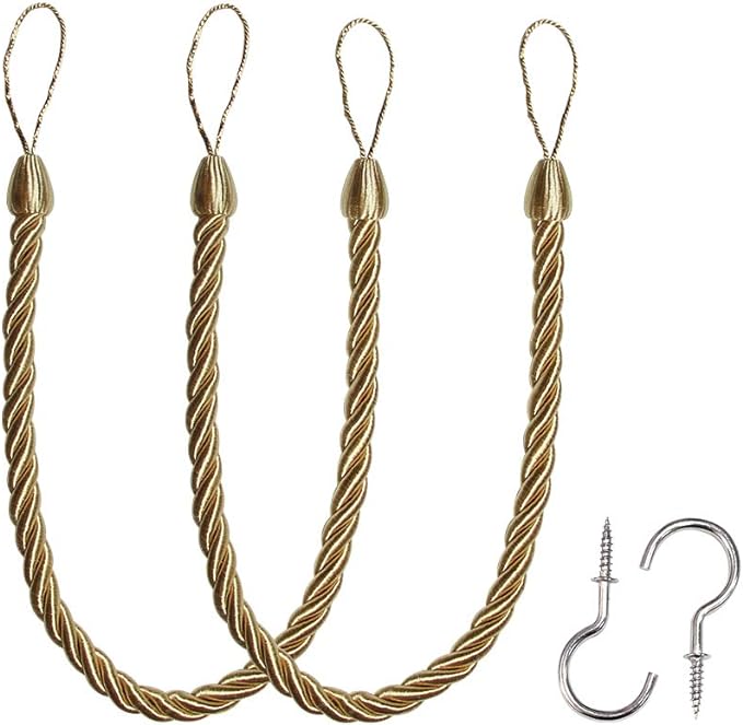 BEL AVENIR Curtain Ropes Tiebacks Tie-Backs, Curtain Handmade Holdbacks with 2 Metal Screw Hooks - Golden 2 Pack
