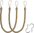 BEL AVENIR Curtain Ropes Tiebacks Tie-Backs, Curtain Handmade Holdbacks with 2 Metal Screw Hooks - Golden 2 Pack
