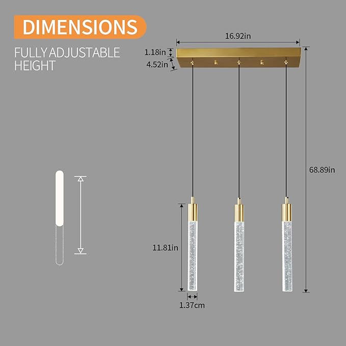 Kitchen Island Lighting Modern Light Fixture Gold Pendant Light Dimmable LED Gold Brass Finish Mini Crystal Pendant Lights for Dining Room Living Room（3-Light）