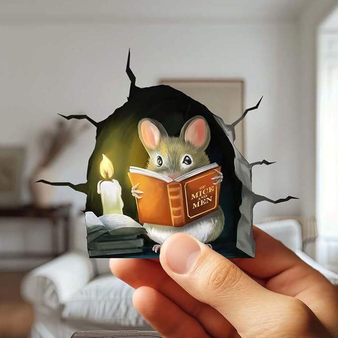 3D Mouse Reading Book in Mouse Hole, Decal Sticker, Removable Wall Decor, Book Lover Gift Idea, Baseboard, Wall Sticker Decal, Kids Room, Classroom, Library