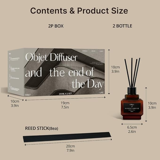 hetras Objet Diffuser Gift Set 6.7 fl.oz. 2 Pack | England Cotton - Soft & Clean Scent | Long-Lasting Scented Room Fresheners with 8 Reed Sticks for Home Fragrance Bedroom Bathroom Shelf Décor