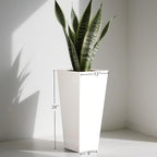 Worth Garden 28" H. Large Metal Glazed Planter Set of 2, Modern Glossy Finish White Tall Square Tapered Steel Flower Plant Pots for Indoor & Outdoor Use - Insert Plate with Drain Holes, Air Vents