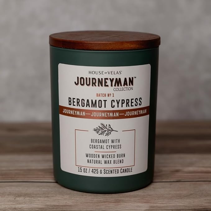 Journeyman Collection Candle, 15oz, Wooden Wick, Bergamot Cypress, Large Painted Jar