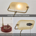 Bankers Lamp, Traditional White Desk Lamp with Solid Birch Wood Base, White Glass Antique Library Lamp with Pull Chain Switch, Plug in Vintage Bankers Desk Lamp for Office, Study Room 【E26 Socket】