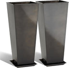 KOL 25''H. Bright Glazed Planter with Drainage Hole, Set of 2, Tall Galvanized Steel Planter Pots with Saucer for Indoor & Outdoor Use, Decorative Flower Plant Pots for Porch, Patio, Deck - Black