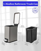 Bathroom Trash Can with Lid，5 Liter / 1.3 Gallon Small Trash Can with Removable Liner, Soft Close lid & Step Pedal, Stainless Steel Trash Bin for Bathroom,Bedroom,Home Office, Kohler Grey