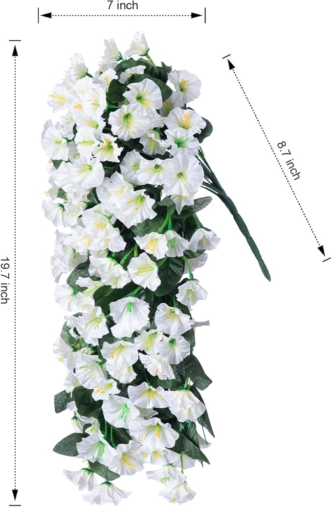 Artificial Faux Hanging Plants Flowers for Outdoor Outside, 2 PCS Fake Silk White Morning Glory Long Vines UV Resistant Look Real for Home Porch Patio Balcony Planter Decoration