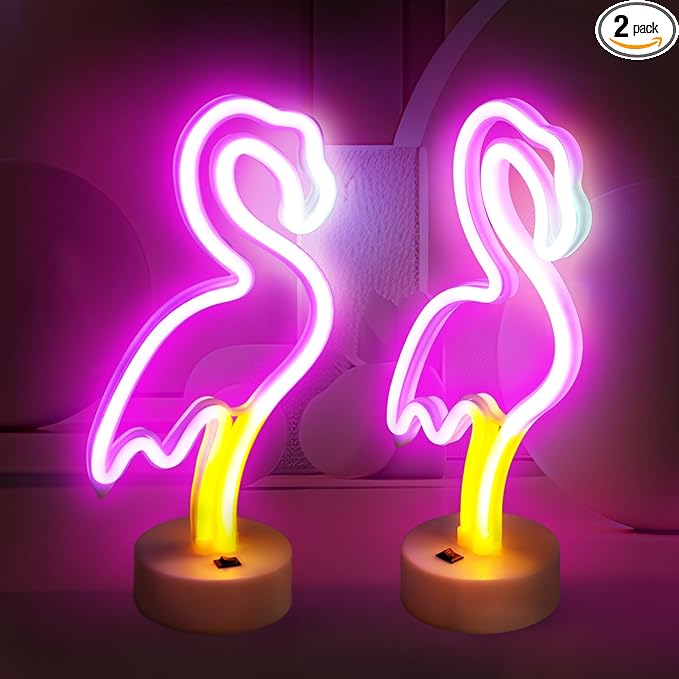 BRIGHTDECK 2 Pack Flamingo Neon Signs, LED Pink Flamingo Neon Sign Battery Operated or USB Powered Decoration Lamp, Flamingo Lights Decor for Bedroom, Wedding, Party, Pink Room Decor