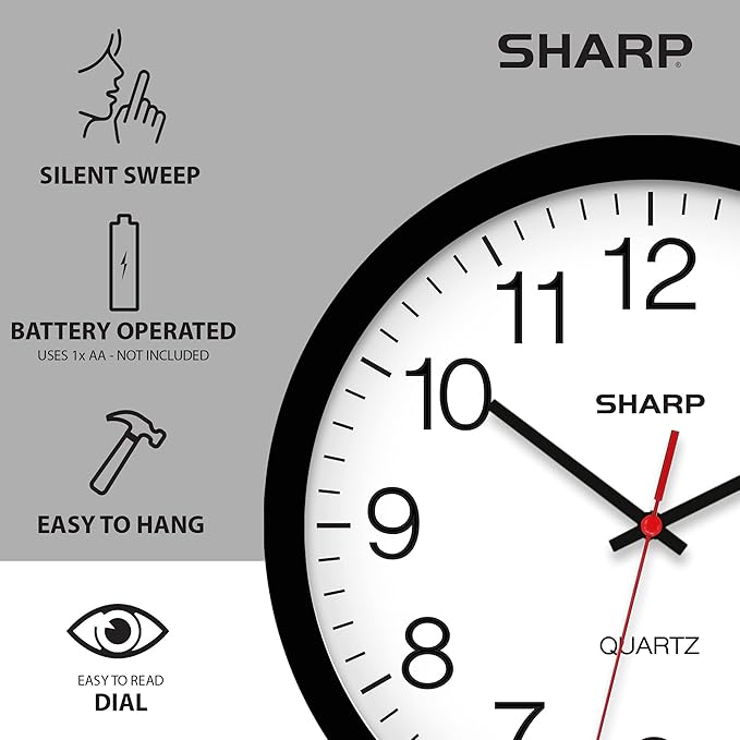 Sharp Wall Clock – Black, Silent Non Ticking 14 Inch Quality Quartz Battery Operated Round Easy to Read Home/Kitchen/Office/Classroom/School Clocks, Sweep Movement