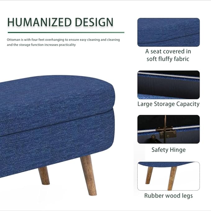 Oval Storage Bench 43.5" Linen Fabric Upholstered Entryway Bench with Solid Wood Legs Ottoman Bench Indoor Bench for Living Room/Bedroom/End of Bed/Entryway (Dark Blue)