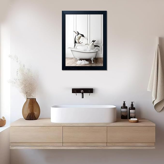 Kids Bathroom Wall Decor Funny Bathroom Wall Art Black and White Wall Decor Cute Penguins in Bathtub Canvas Print Painting Framed Farmhouse Animal Artwork