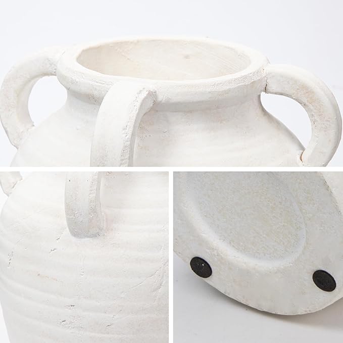 Handcrafted Flower Vase, 9.8" Tall Terracotta Vase, Vintage White Ceramic Vase, Rustic Antique Decor with 4 Handles, Wide Mouth, Matte Finish for Home Office Resto Café Décor
