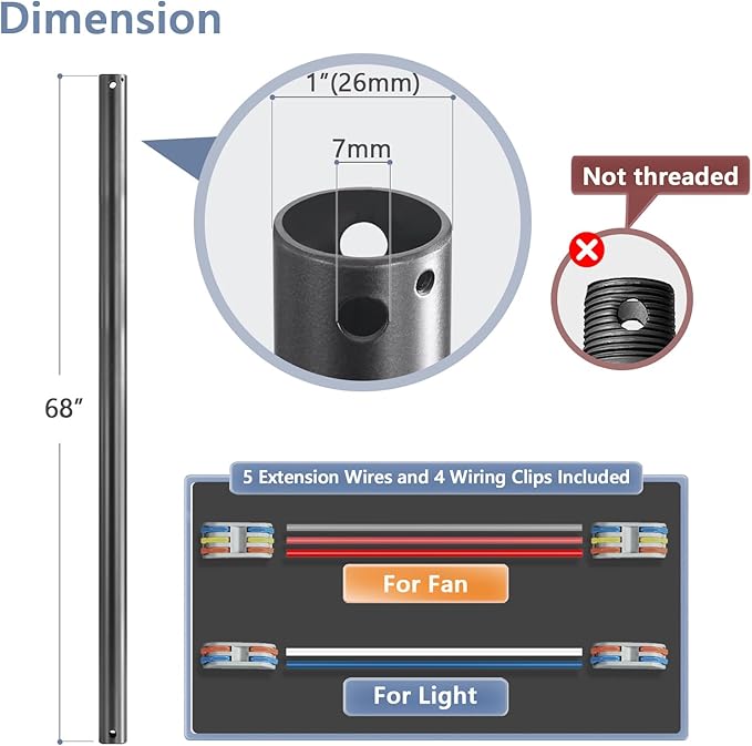 68" Ceiling Fan Downrod, 【1 Outside Diameter】 Black Extended Downrod, including 4 Wire Connectors and 5 Extension Wires (No Threads)