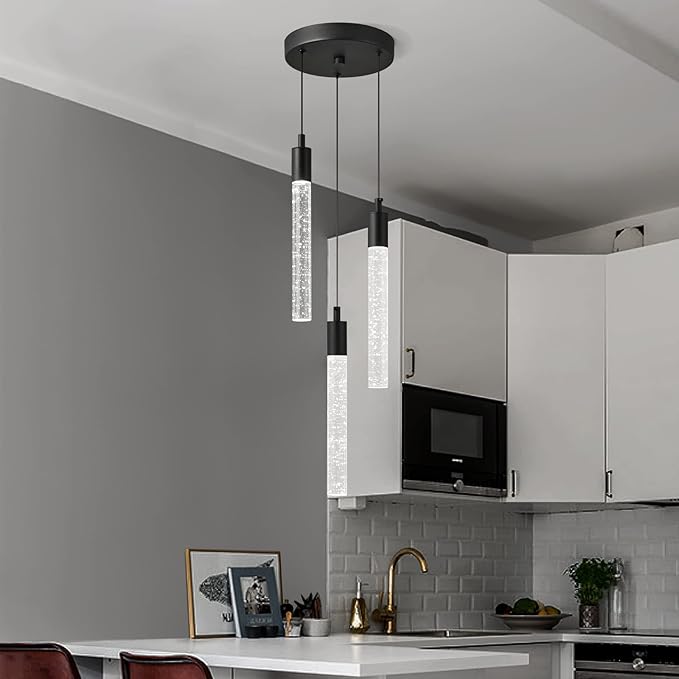 Modern Light Fixture Kitchen Island Pendant Light Dimmable LED Black Pendant Lights Mini Crystal Pendant Lighting for Bedroom Dining Room Living Room（3-Light ）