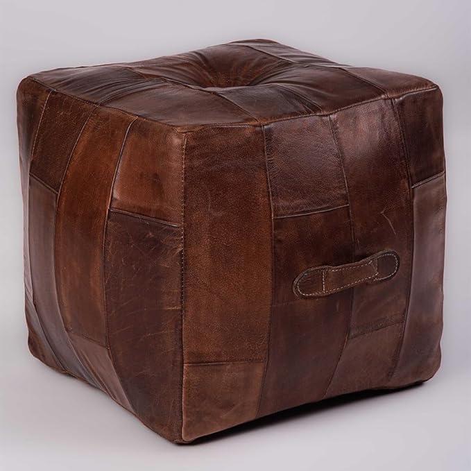 Square Shaped Buffalo Leather Handmade Eco-Friendly Brown Pouf - Square Pouf, 14" x 14"x 14", Plain Solid Pouf, Buffalo Leather Pouf, Recycled Foam with Fibre Fill Stuffed Pouf, Seating Pouf PF25