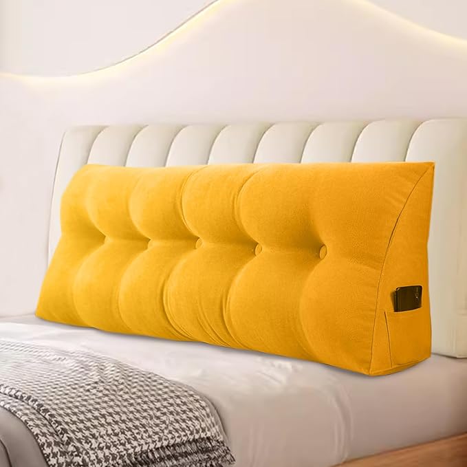 Large Triangular Headboard Pillows Long Backrest Positioning Support Bolster Cushion for Daybed Fluffy Quality Plush Body Wedge Pillow with Removable Cover(Light Yellow-Cal King-71x8x20 in)
