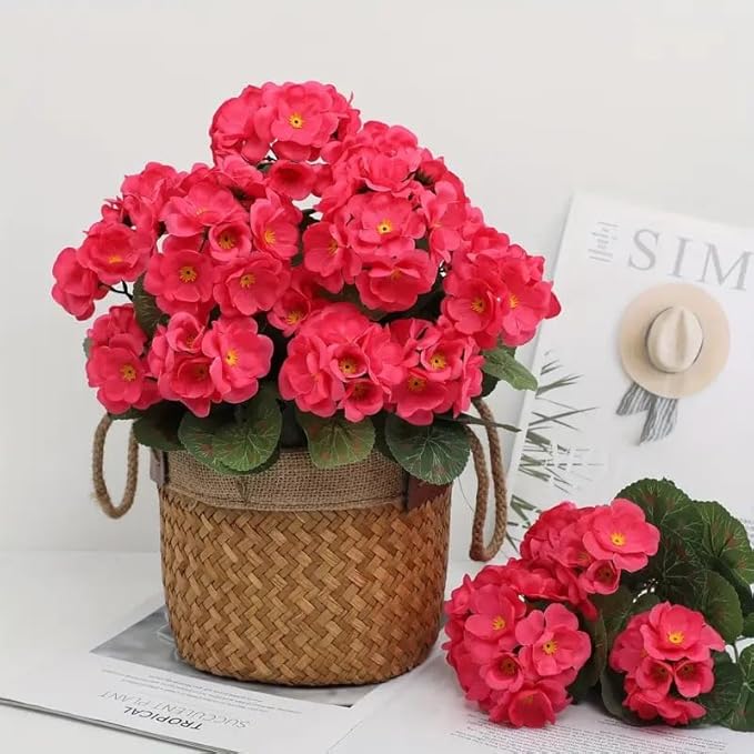 Artificial 5-Bud Red Geranium Flowers, Faux Flowers for Patio or Balcony, UV Resistant Artificial Flowers for Outdoors, Wedding Decor, Fake Plants for Garden or Home Decoration