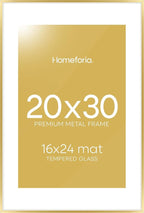 Homeforia 20x30 Poster Frame Gold, High End Metal 20 x 30 Picture Frames with Mat 16 by 24 Photo, 20x30 Gold Frame Matted to 16x24 Print, 30x20 Large Hanging Frames, Tempered Glass, Wall Kit, Set of 1
